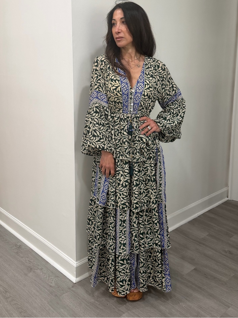 ShopEvelynne Cream & Blue Boho Tiered Maxi Dress